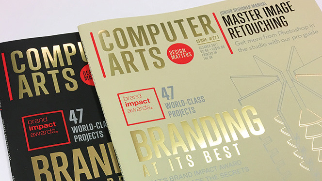 Two front covers of Computer Arts magazine with gold foil text and illustrations