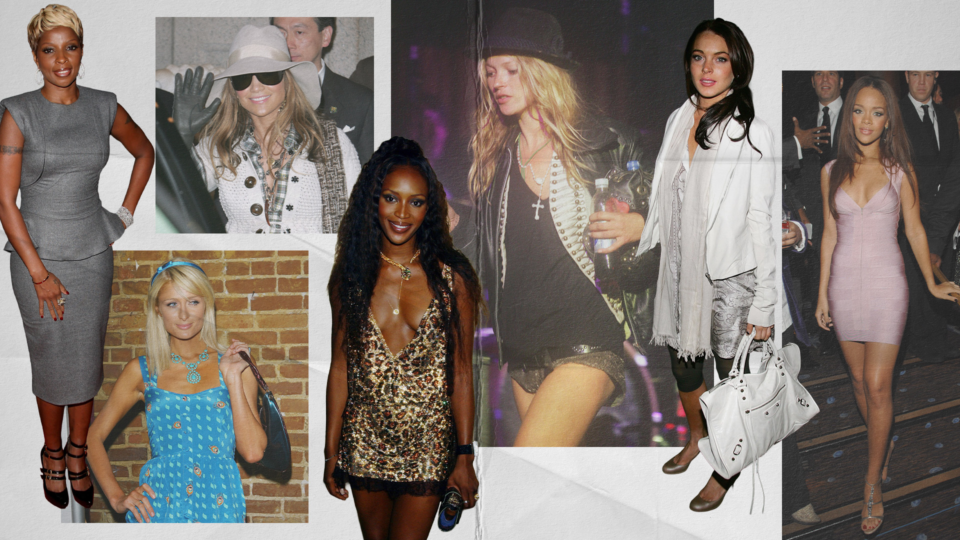 Collage of celebrities wearing 2010s fashion trends.