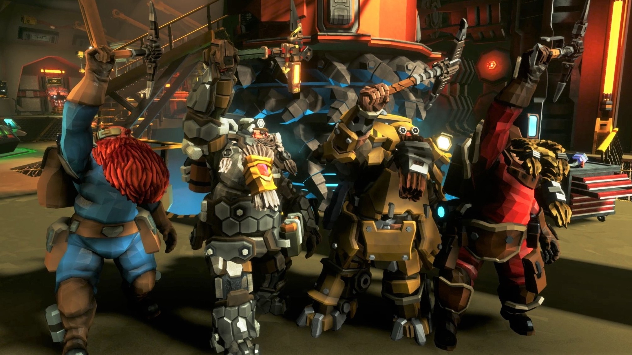A team of dwarves doing the rock and stone salute in Deep Rock Galactic.