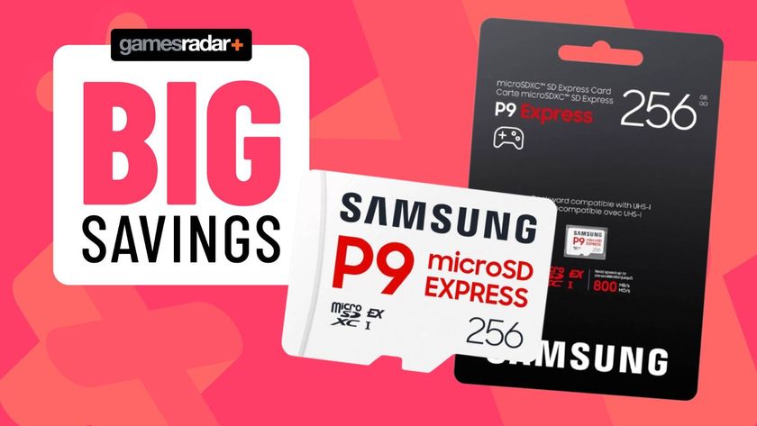 Image of the Samsung P9 microSD Express card on a pink GamesRadar+ background.