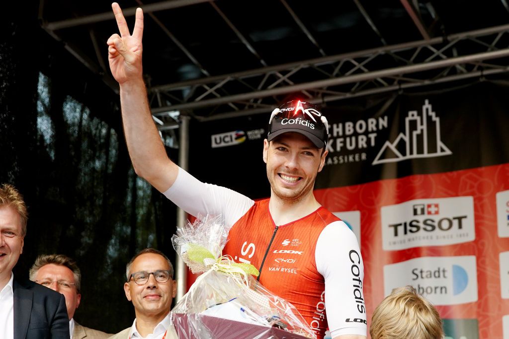 FRANKFURT GERMANY MAY 01 Max Walscheid of Germany and Team Cofidis celebrates at podium as special prize winner after the 62nd EschbornFrankfurt 2023 a 2038km one day race from Eschborn to Frankfurt UCIWT on May 01 2023 in Frankfurt am Main Germany Photo by Christian KasparBartkeGetty Images