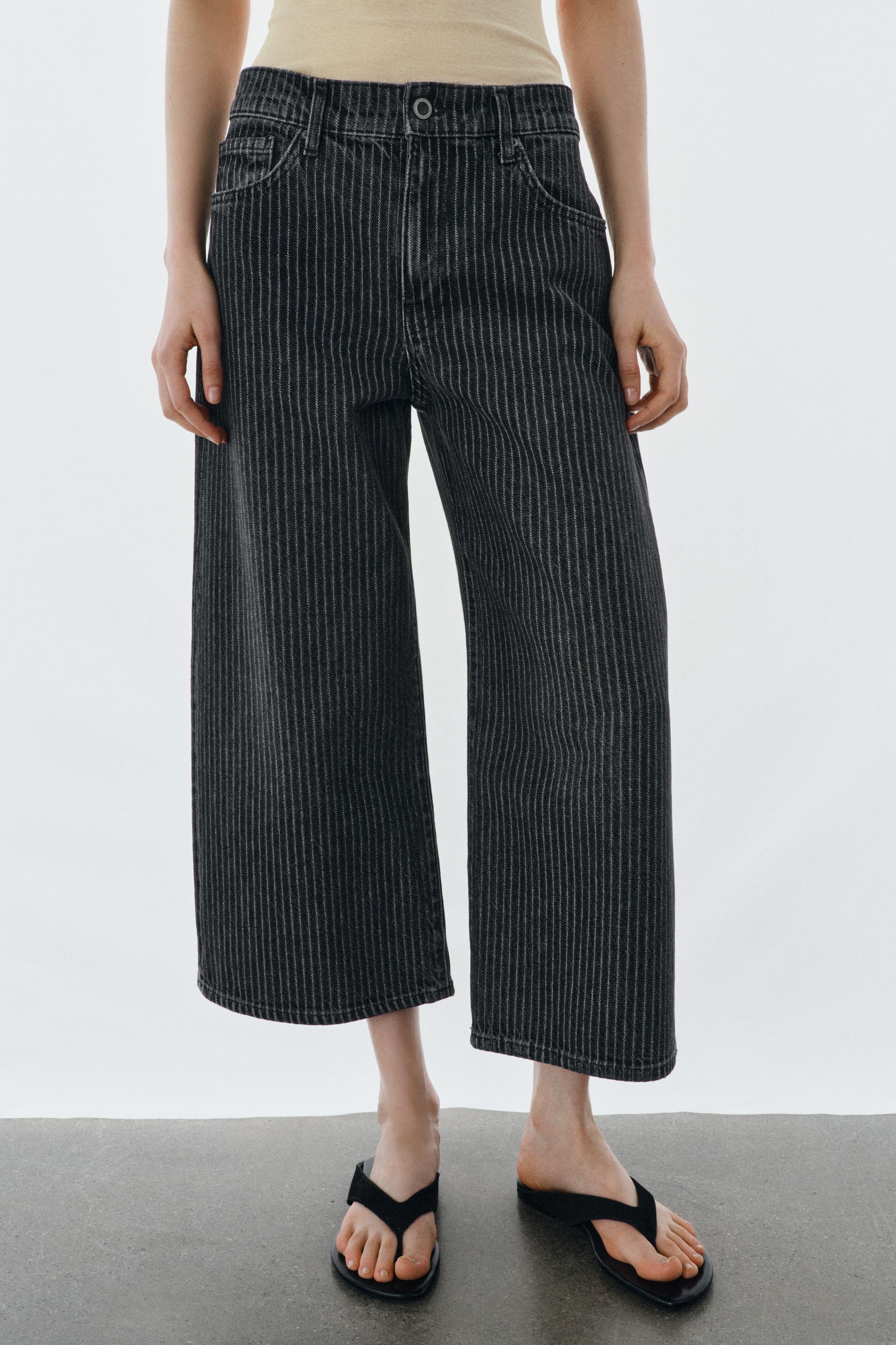 Zw Collection Mid-Rise Striped Culotte Jeans