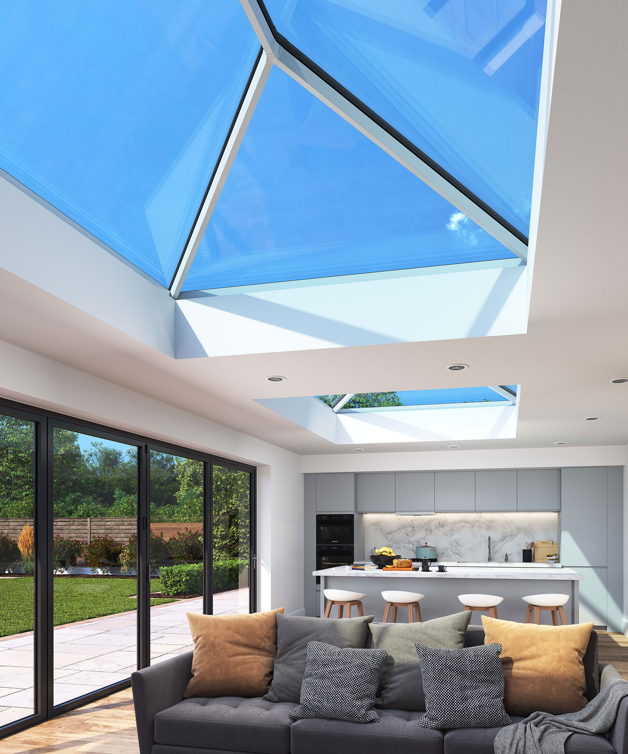 modern kitchen/living room extension with a large roof lantern overhead