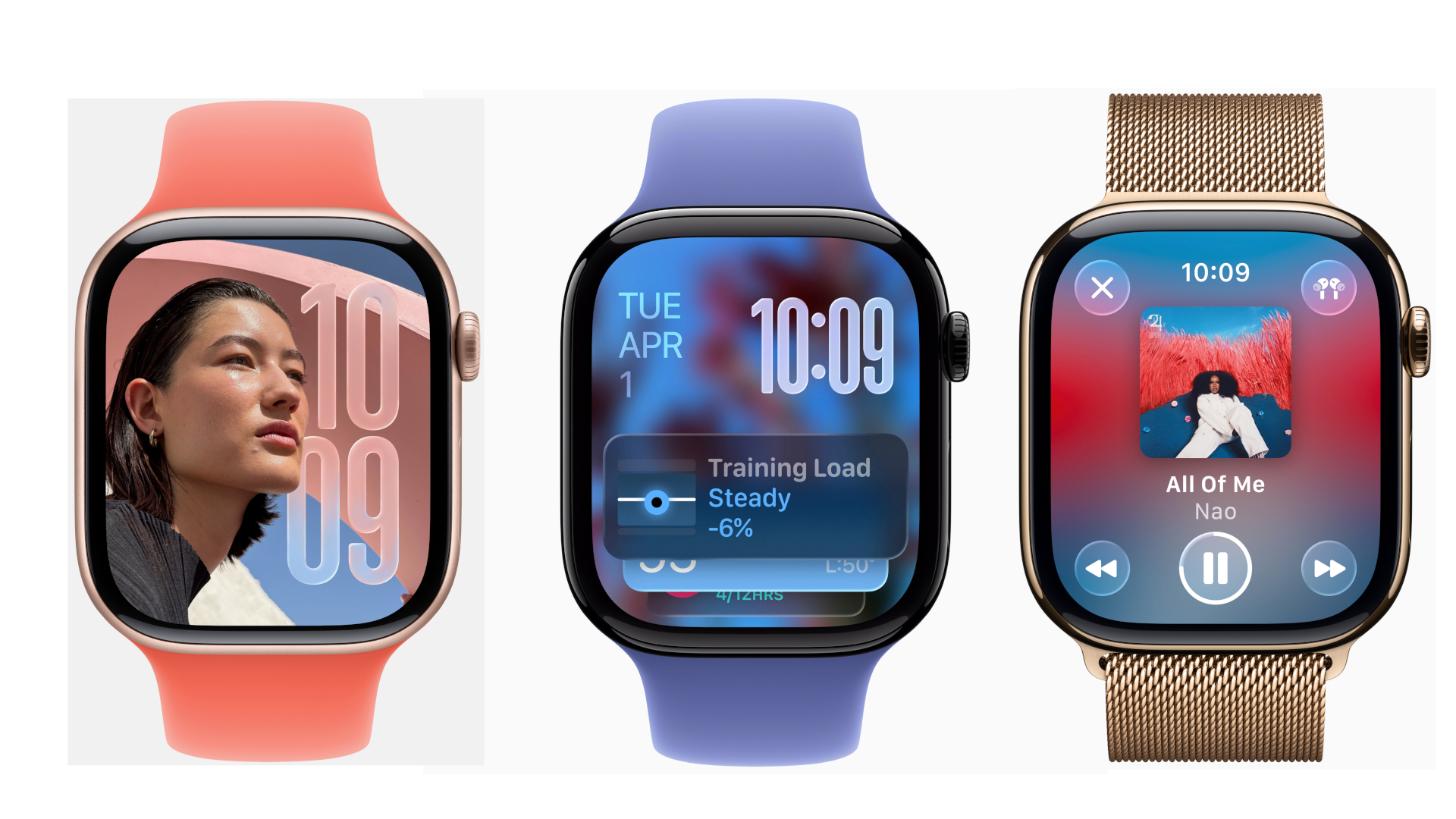 3 renders of the Apple Watch showing the new Liquid Glass UI on watchOS 26.
