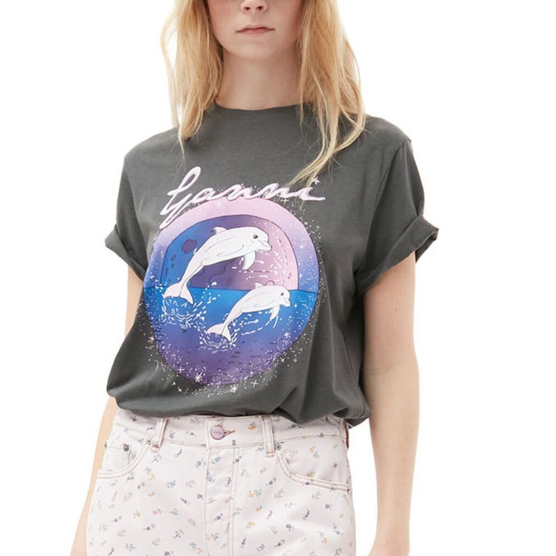 model wearing ganni dolphin tee in grey