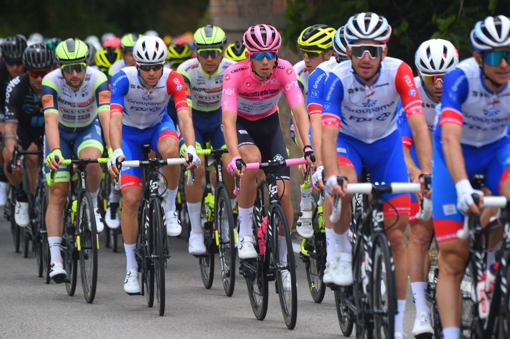 Overall leader Team GroupamaFDJ rider Hungarys Attila Valter C rides during the seventh stage of the Giro dItalia 2021 cycling race 181 km between Notaresco and Termoli on May 14 2021 Photo by Dario BELINGHERI AFP Photo by DARIO BELINGHERIAFP via Getty Images