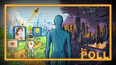 a conceptual illustration of a computer man looking at a dark dystopia on the right and a bright AI-driven utopia on the left.