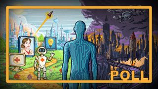 a conceptual illustration of a computer man looking at a dark dystopia on the right and a bright AI-driven utopia on the left.