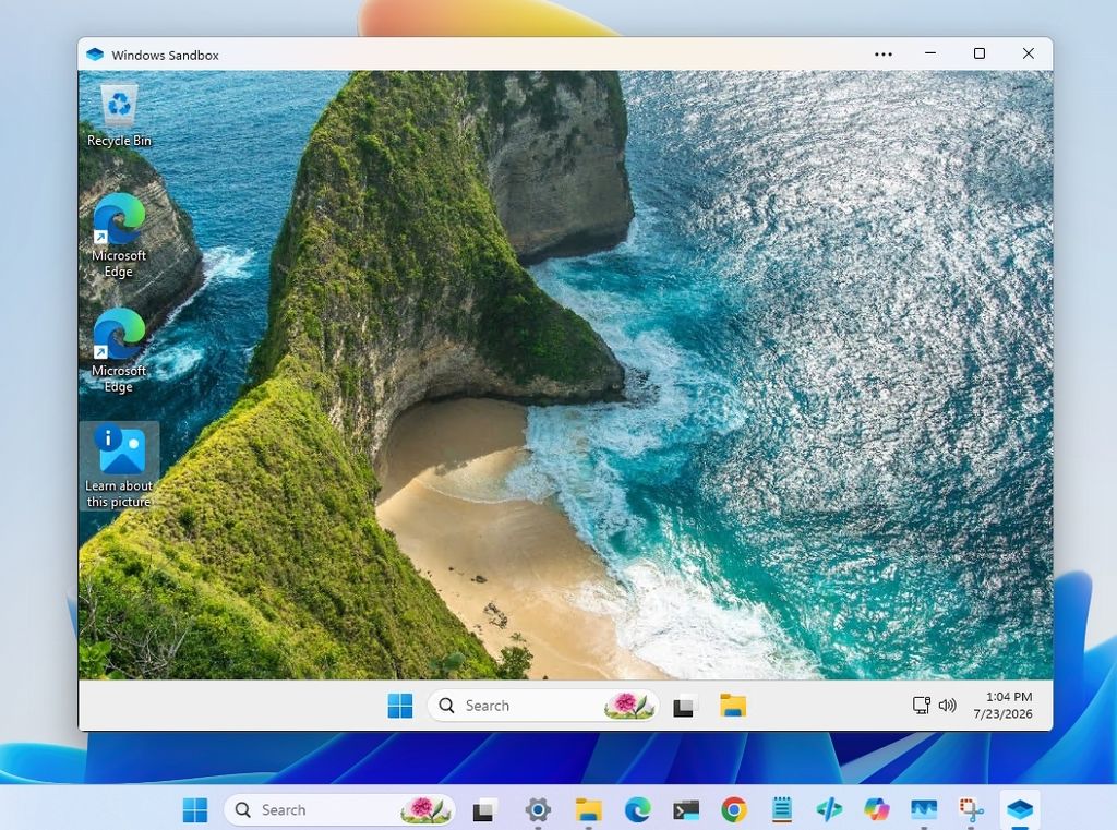 Windows 11 desktop with Windows Sandbox running.