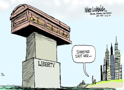 Editorial cartoon U.S. Gun Culture Statue of Liberty