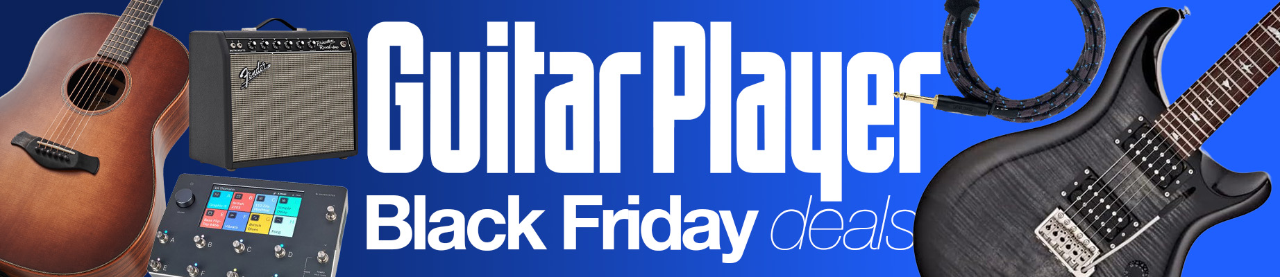 A selection of guitar gear on a blue background