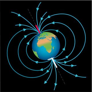 Here you can see how Earth’s magnetic field extends out into space and loops back. The red end is the North magnetic pole and the white end is the South pole.