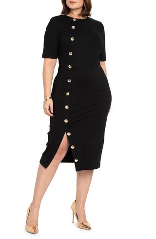 Workwear Side Button Sheath Midi Dress