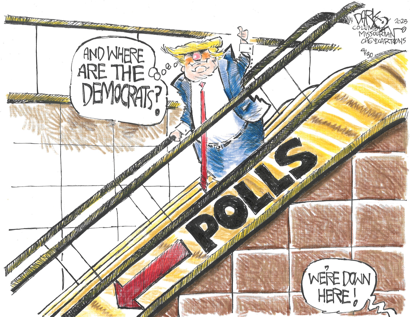 This cartoon depicts Donald Trump riding a a gold escalator labeled "POLLS" that is moving downwards, indicated by a large red arrow. Trump says, "AND WHERE ARE THE DEMOCRATS?" A small speech bubble from the bottom of the escalator replies, "WE'RE DOWN HERE!"