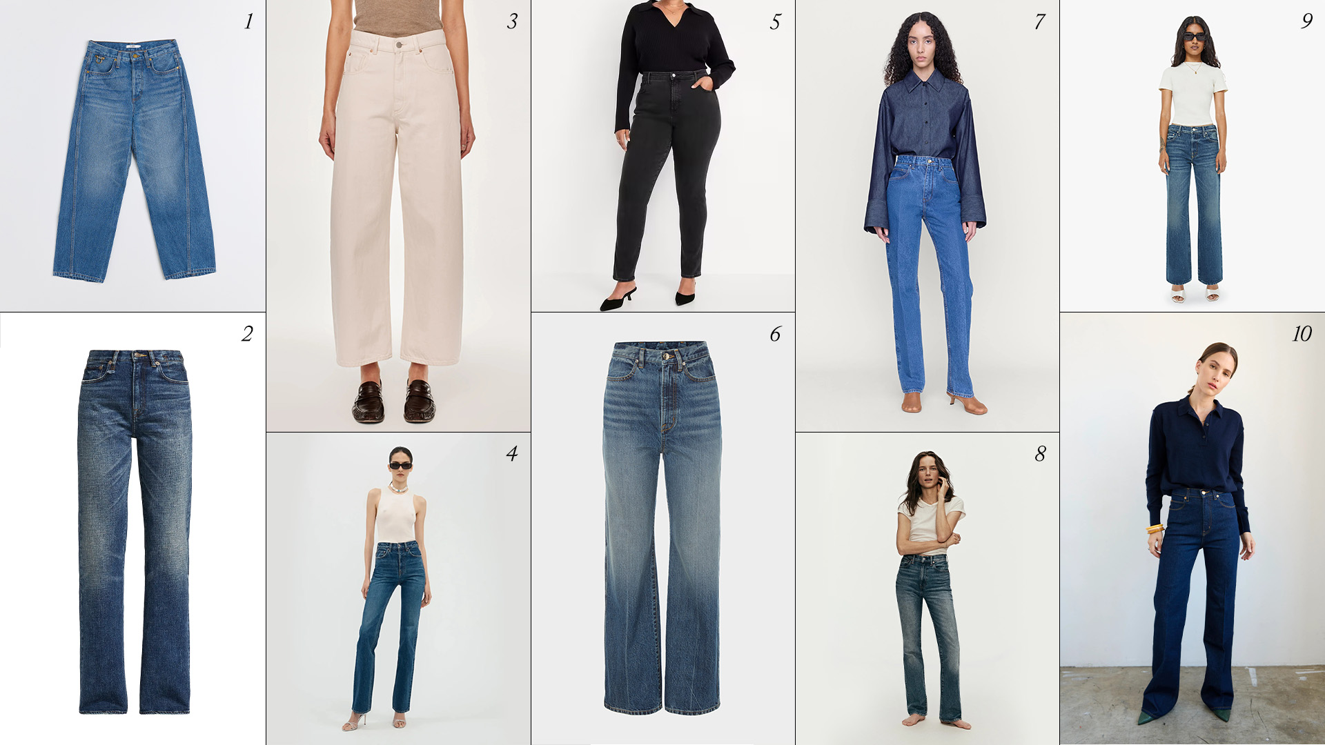 Various different jeans on models and flat lay images