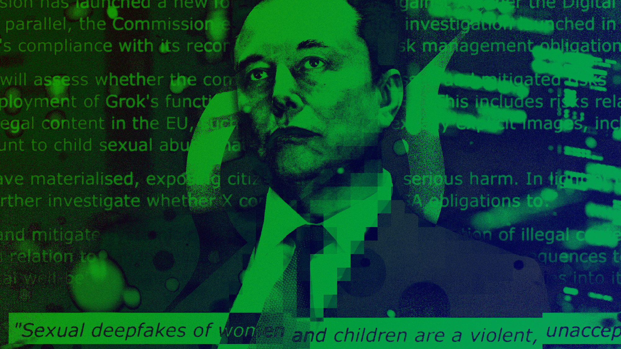 Illustration of Elon Musk, the Grok logo, and text from the EU Commission's investigation report
