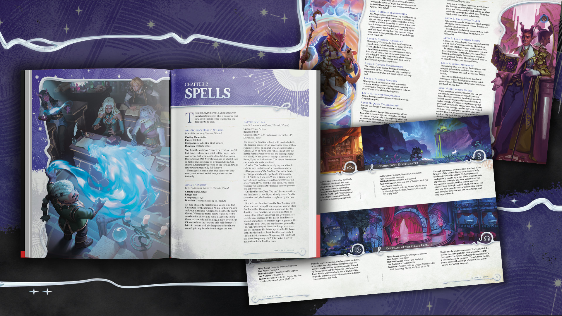 Artwork and text from Arcana Unleashed laid out on a starry background