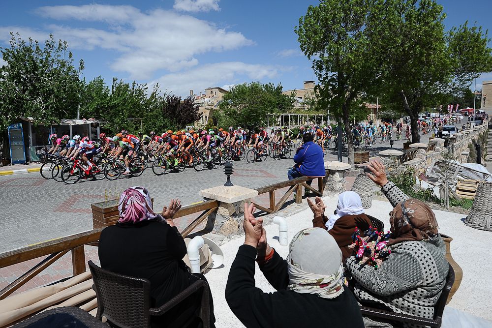 Locals watch cyclists compete during Stage 2 of the 2016 Tour of Turkey