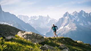 Trail runner bounds along mountain meadow in the morning