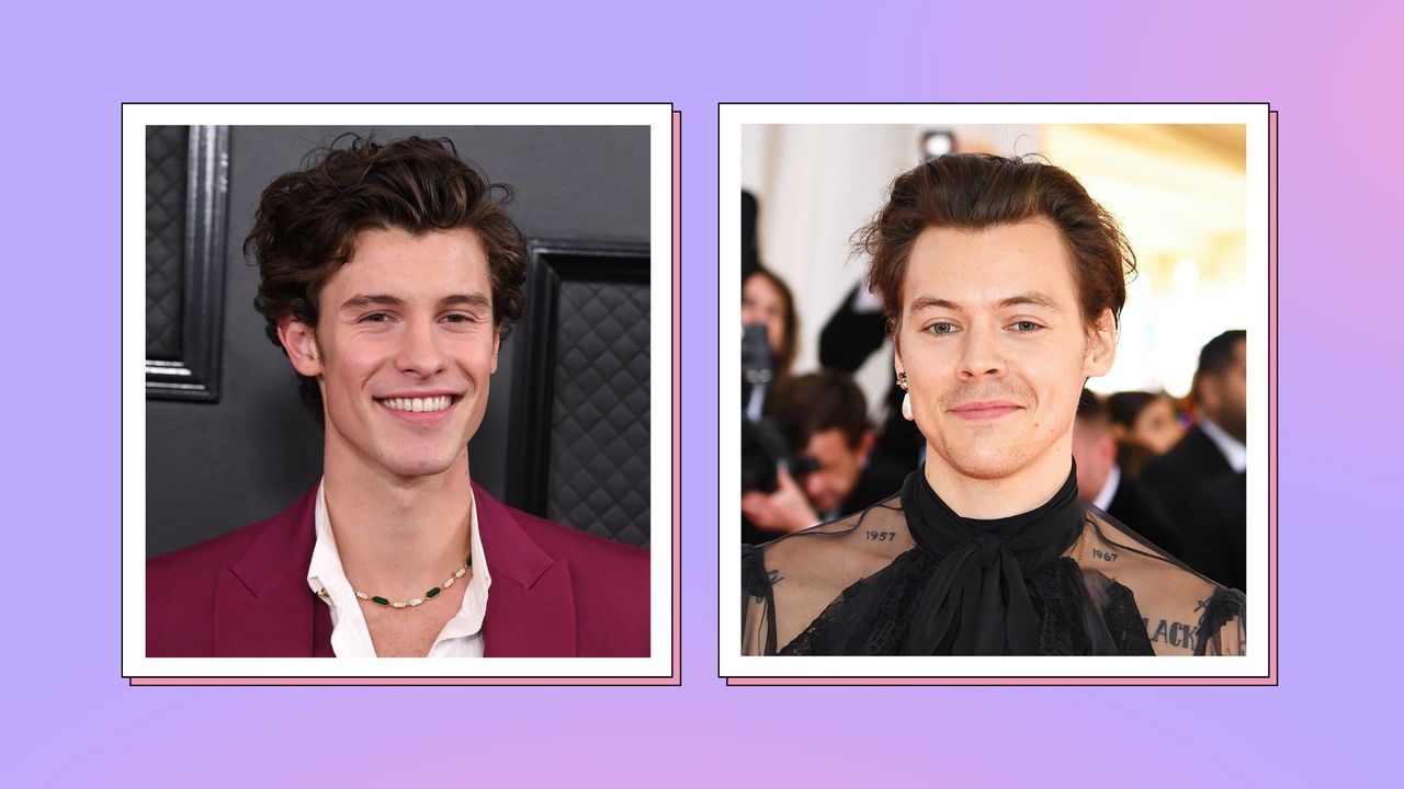 Shawn Mendes pictures wearing a maroon suit alongside a picture of Harry Styles wearing a black mesh top and a pearl earring/ in a purple and blue template