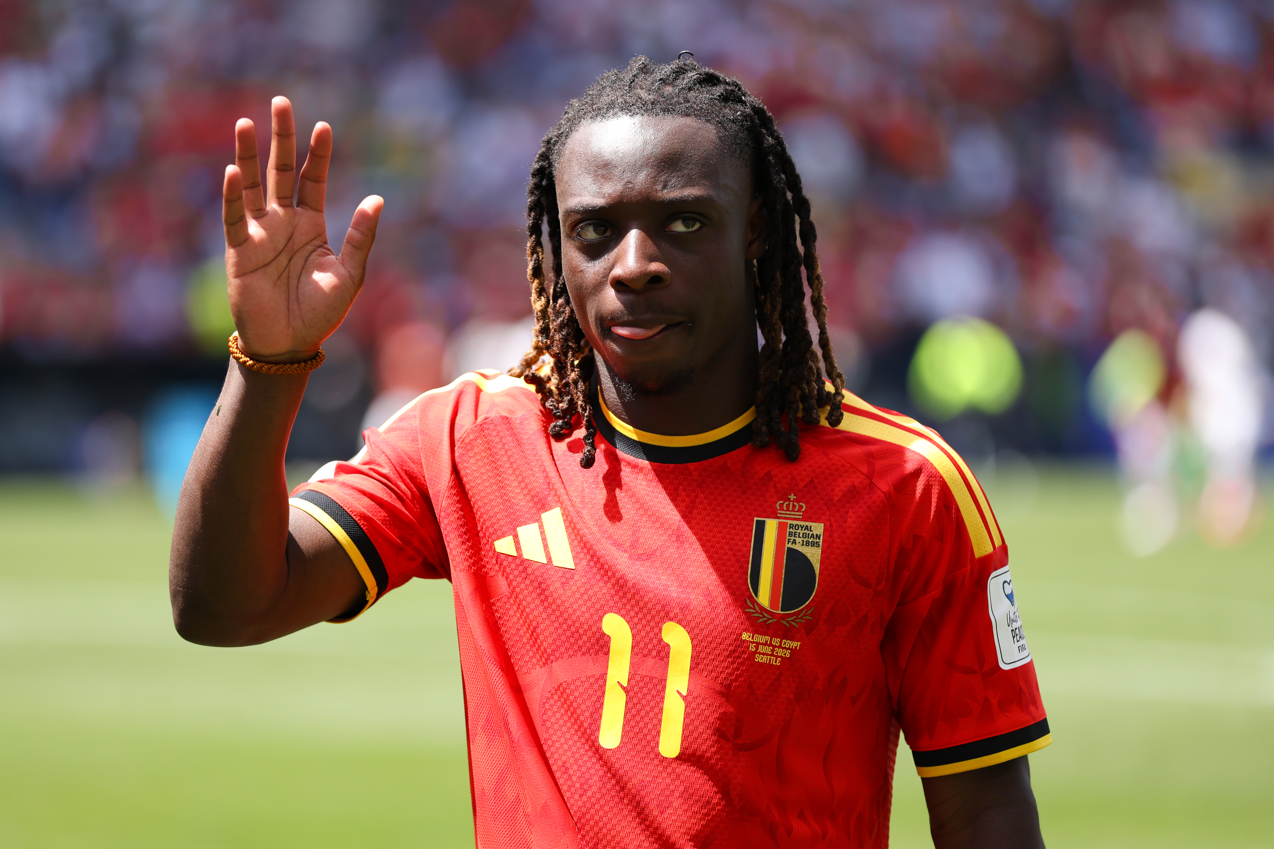 SEATTLE, WA - JUNE 15: Forward J&amp;eacute;r&amp;eacute;my Doku #11 of Belgium waves to fans after the FIFA World Cup 2026 Group G match between Belgium and Egypt on June 15, 2026 at Seattle Stadium in Seattle, Washington