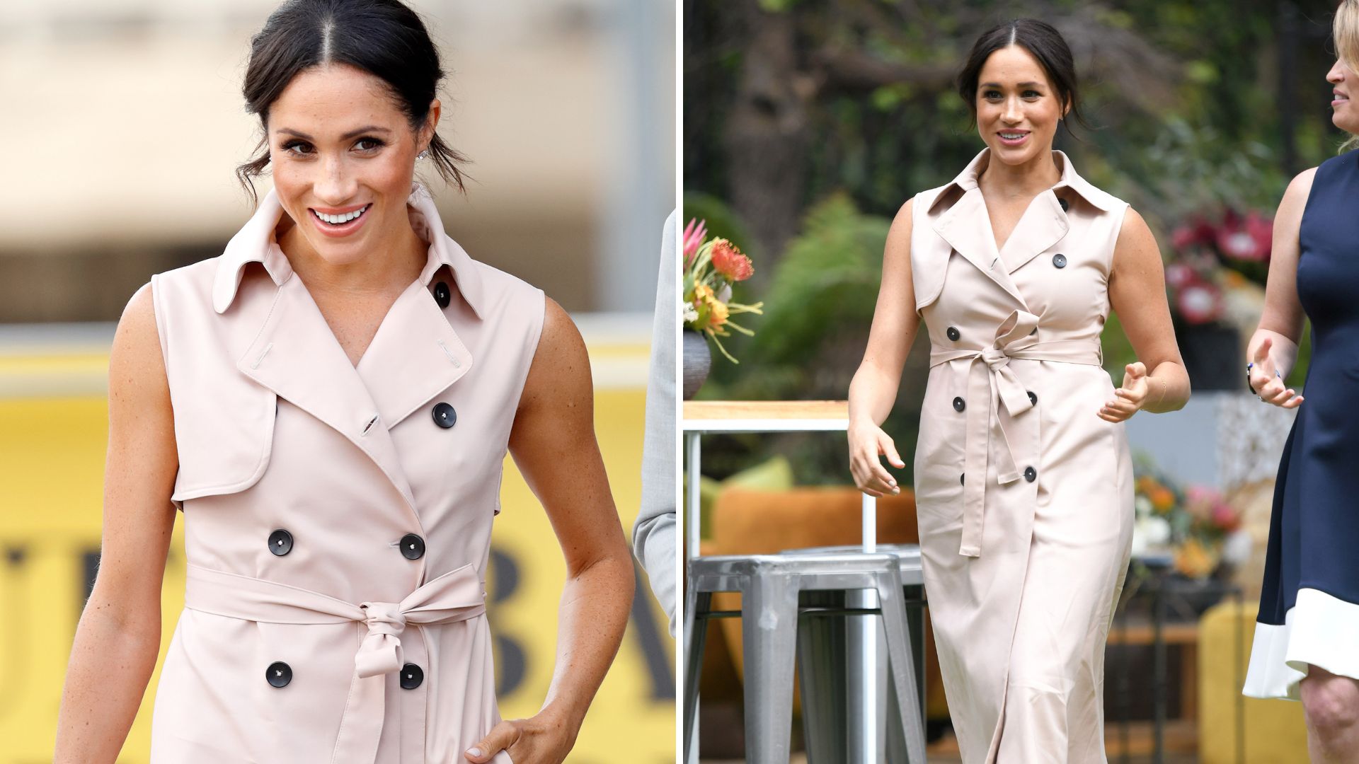 Two photos of Meghan Markle wearing a beige trench dress