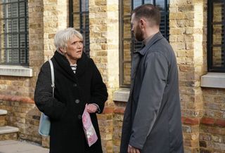 Jean Slater confronting Dean Wicks in the street in EastEnders 