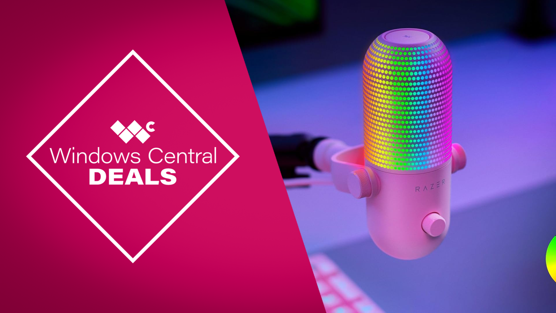 Razer Seiren V3 Chroma USB microphone with reactive RGB lighting, shown on a gaming desk setup alongside a keyboard and monitor.