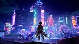 Attack on Titan character Eren Jaeger looking over Mega City in Fortnite.