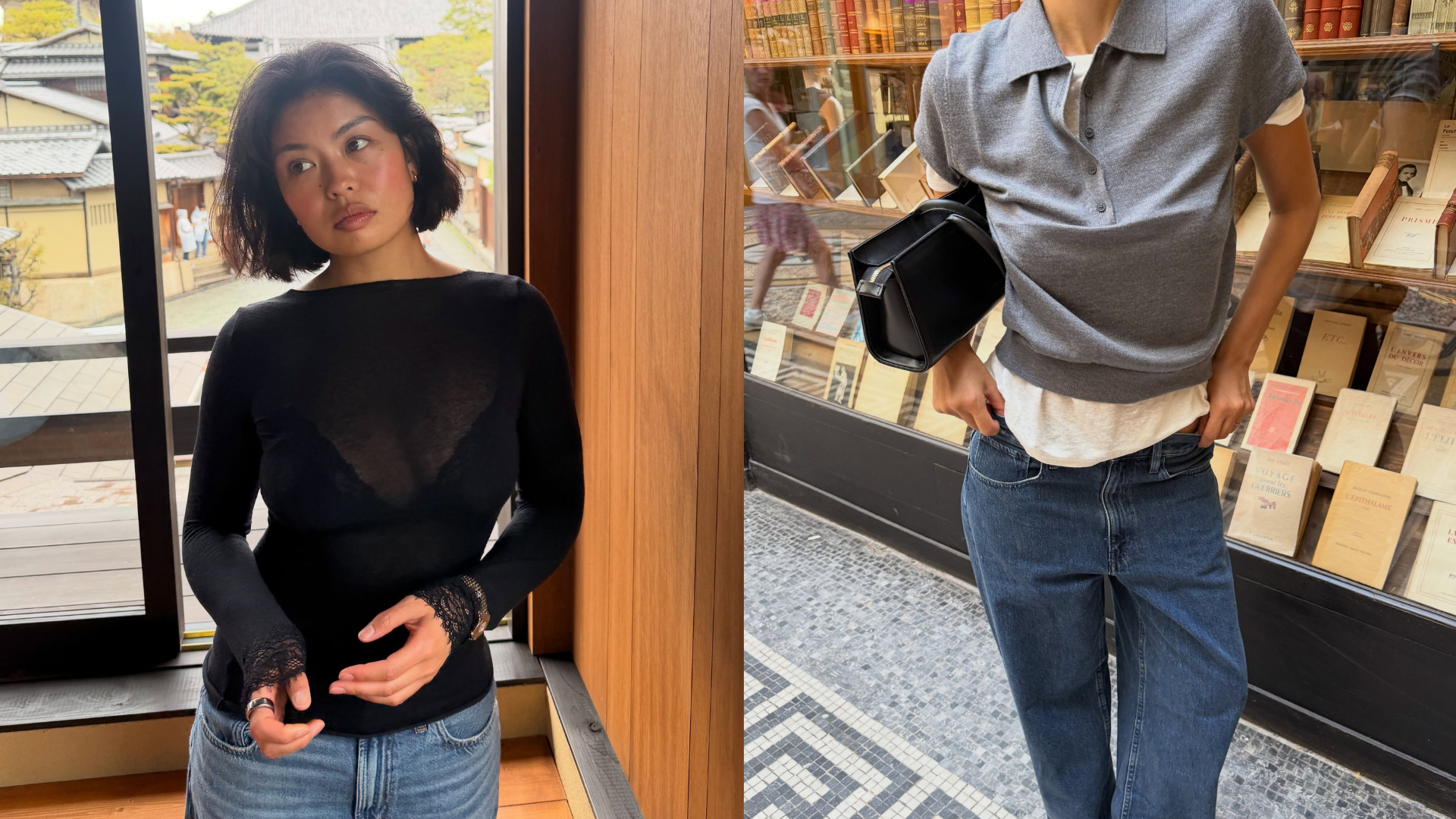 Collage of women wearing new fall wardrobe basics.