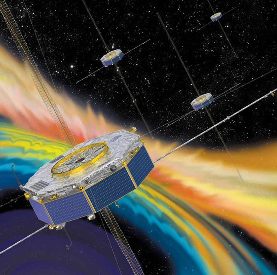 A colorful illustration shows the spacecraft of the Magnetospheric Multiscale Mission passing through the plasma of space.