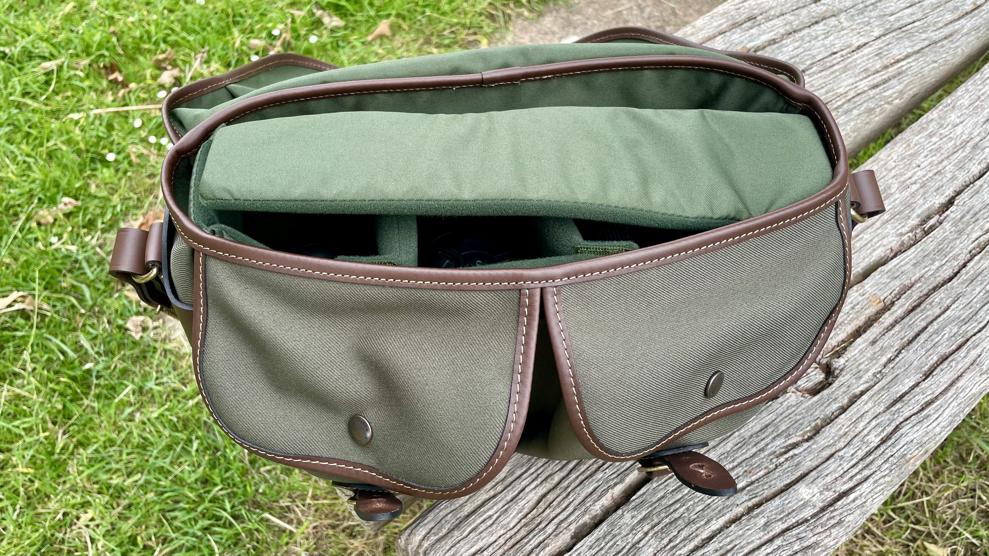 Billingham Hadley Pro 2020 camera bag outdoors on a park bench