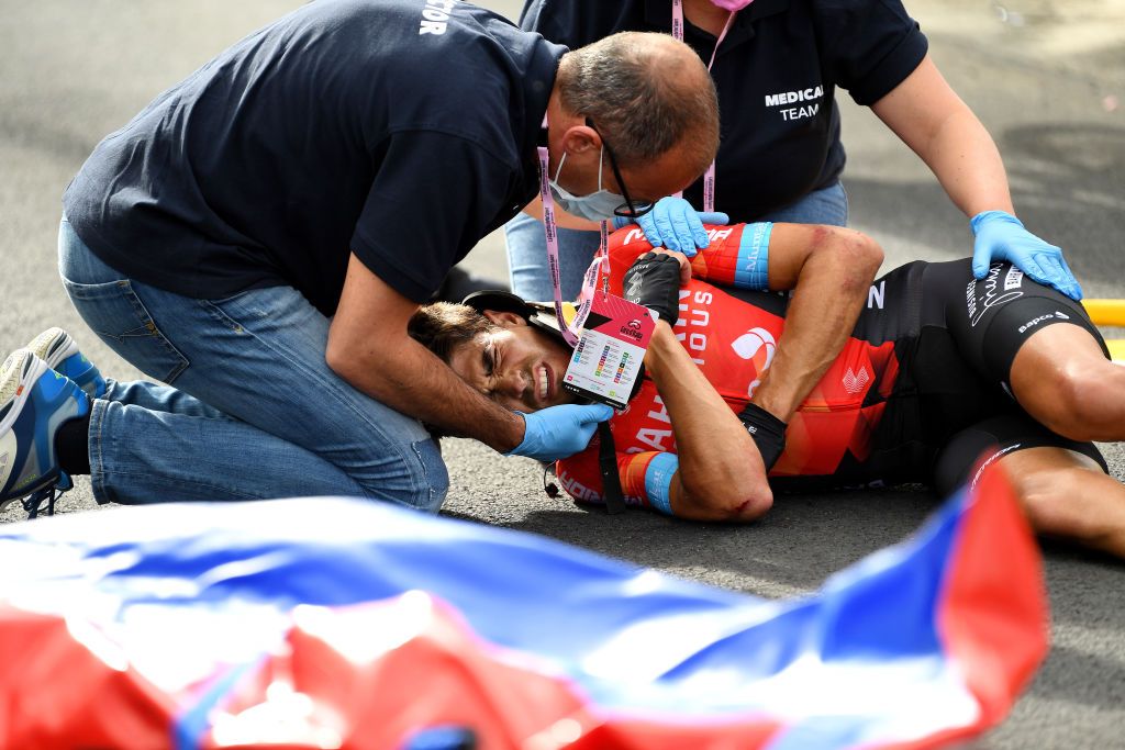 Mikel Landa (Bahrain Victorious) in pain after crashing in the finale of stage 5 of the 2021 Giro d&#039;Italia