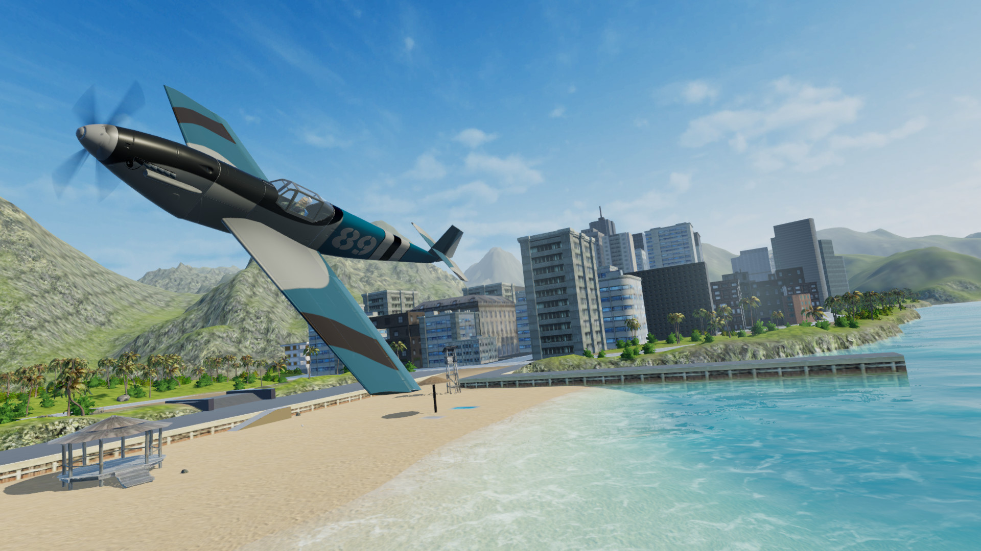 Balsa Model Fight Sim - A small single-prop plane tips its wing over a sunny beach
