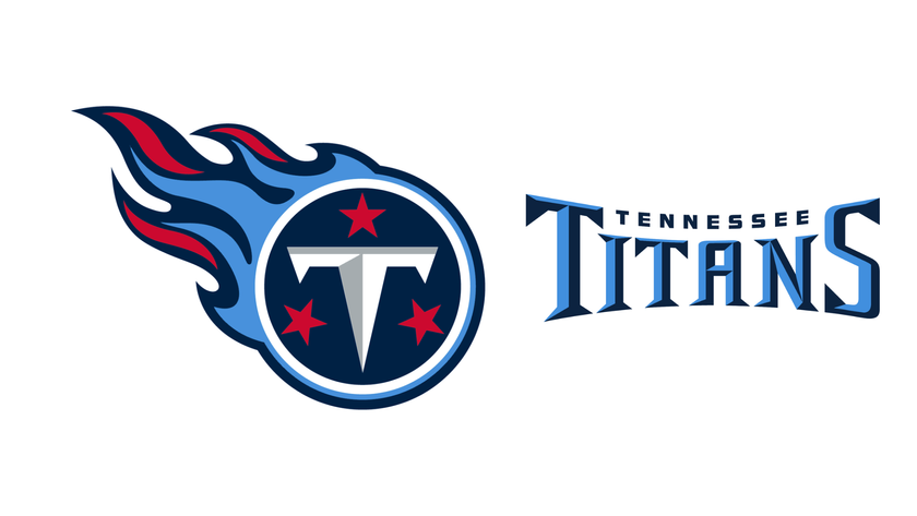 Tennessee Titans NFL logo with blue and red flames coming from a comet-like ball. 