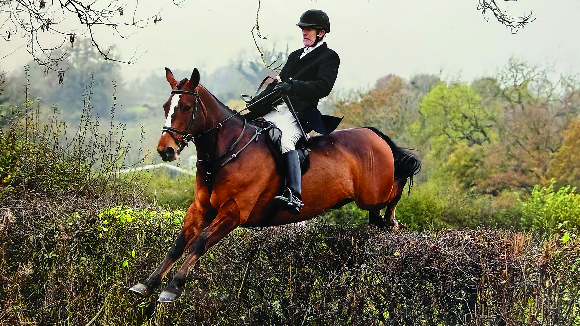 Jonathan Hull clears a hedge while out trail hunting with the Heythrop