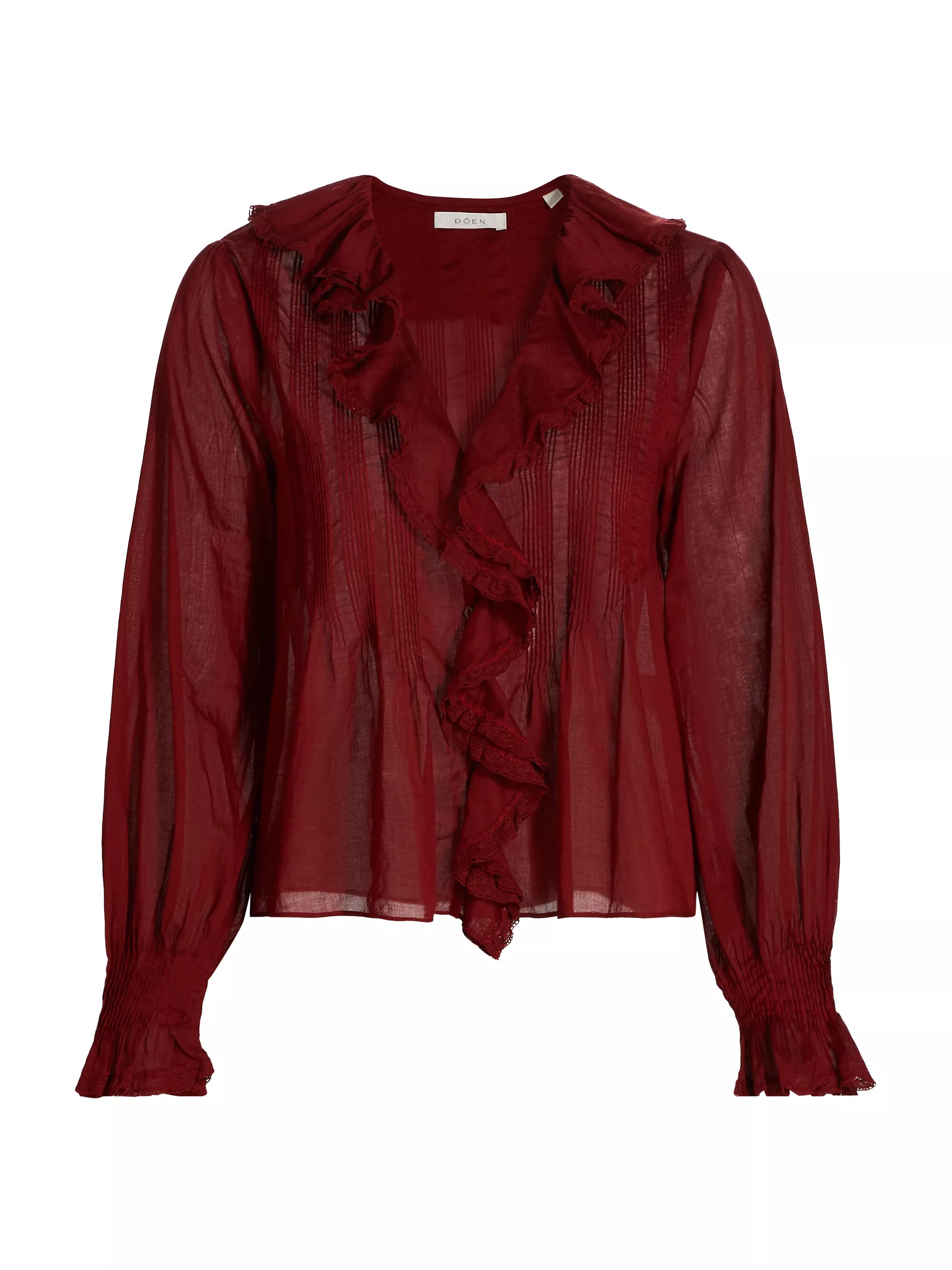 Hardy Pintuck Cotton Ruffle V-Neck Blouse