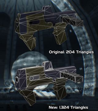 An image of modded weapons from an ongoing Halo project. The first has "204 triangles", while the next has "1324" triangles.