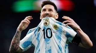 Lionel Messi of Argentina gestures during the Finalissima 2022 match between Italy and Argentina at Wembley Stadium on June 1, 2022 in London, England.