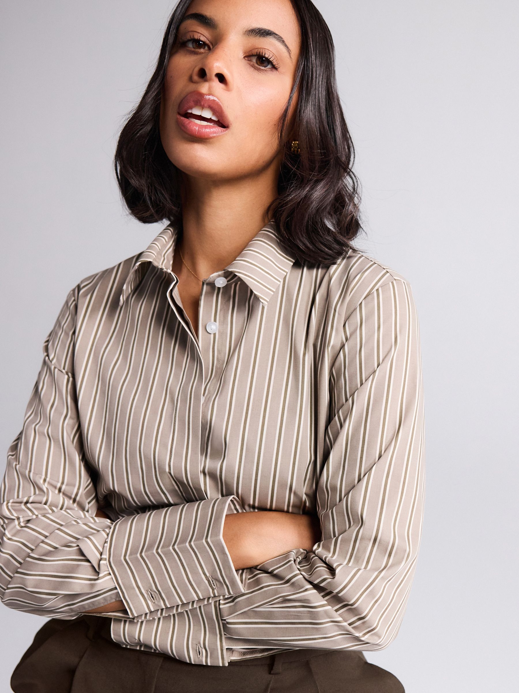 Mocha Brown Stripe Fitted Stretch Essential Long Sleeve Shirt