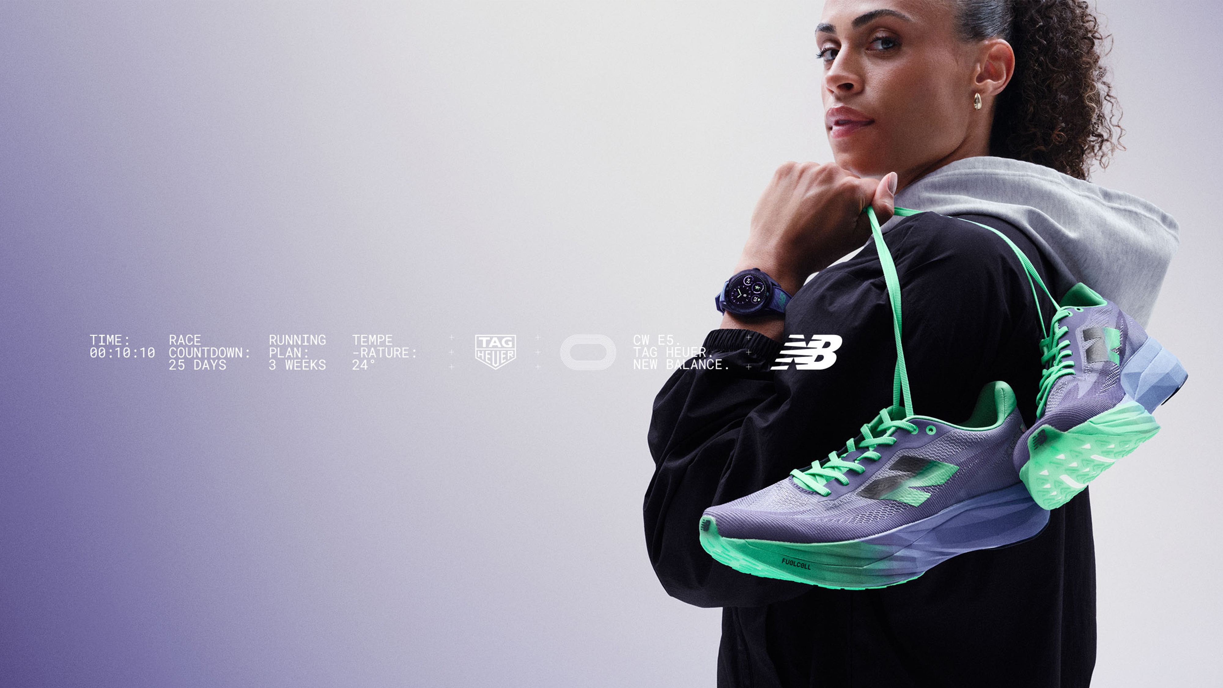 A photo of Sydney McLaughlin-Levrone carrying the New Balance FuelCell SuperComp Elite V5 sneakers and wearing the TAG Heuer Connected Calibre E5 40MM x New Balance Edition watch.