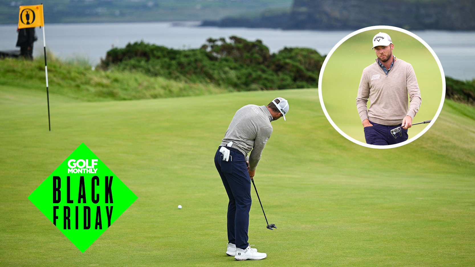 Sam Burns hits a putt and walks off the green