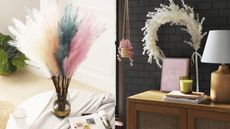 A bouquet of colorful pampas grass and a white wreath