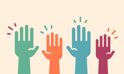 An illustration of raised cartoon hands in different colors, like green and blue, on a light cream-colored background