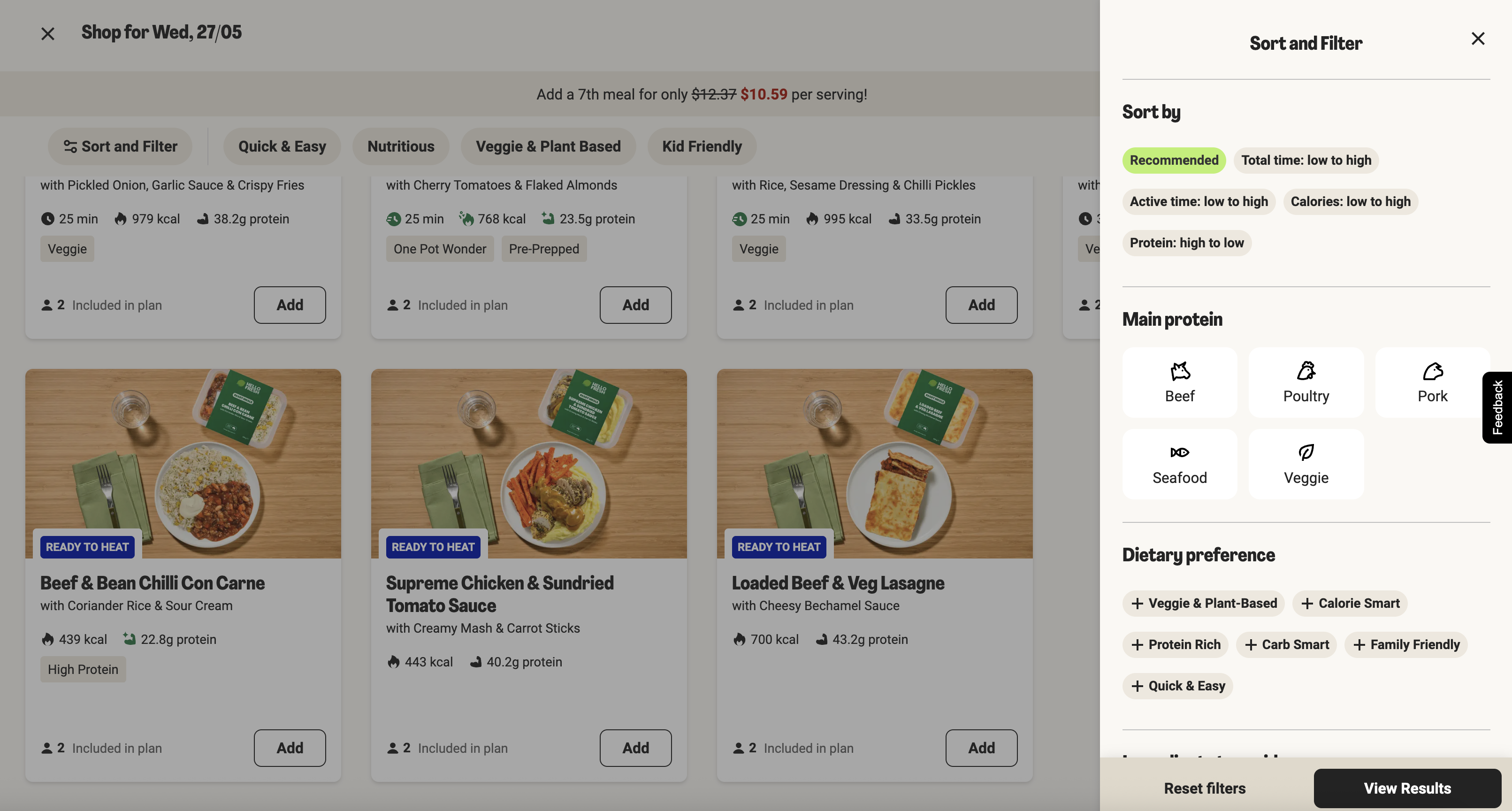 Screenshot of HelloFresh AU menu