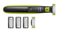 Philips OneBlade razor above a spare head and three attachments