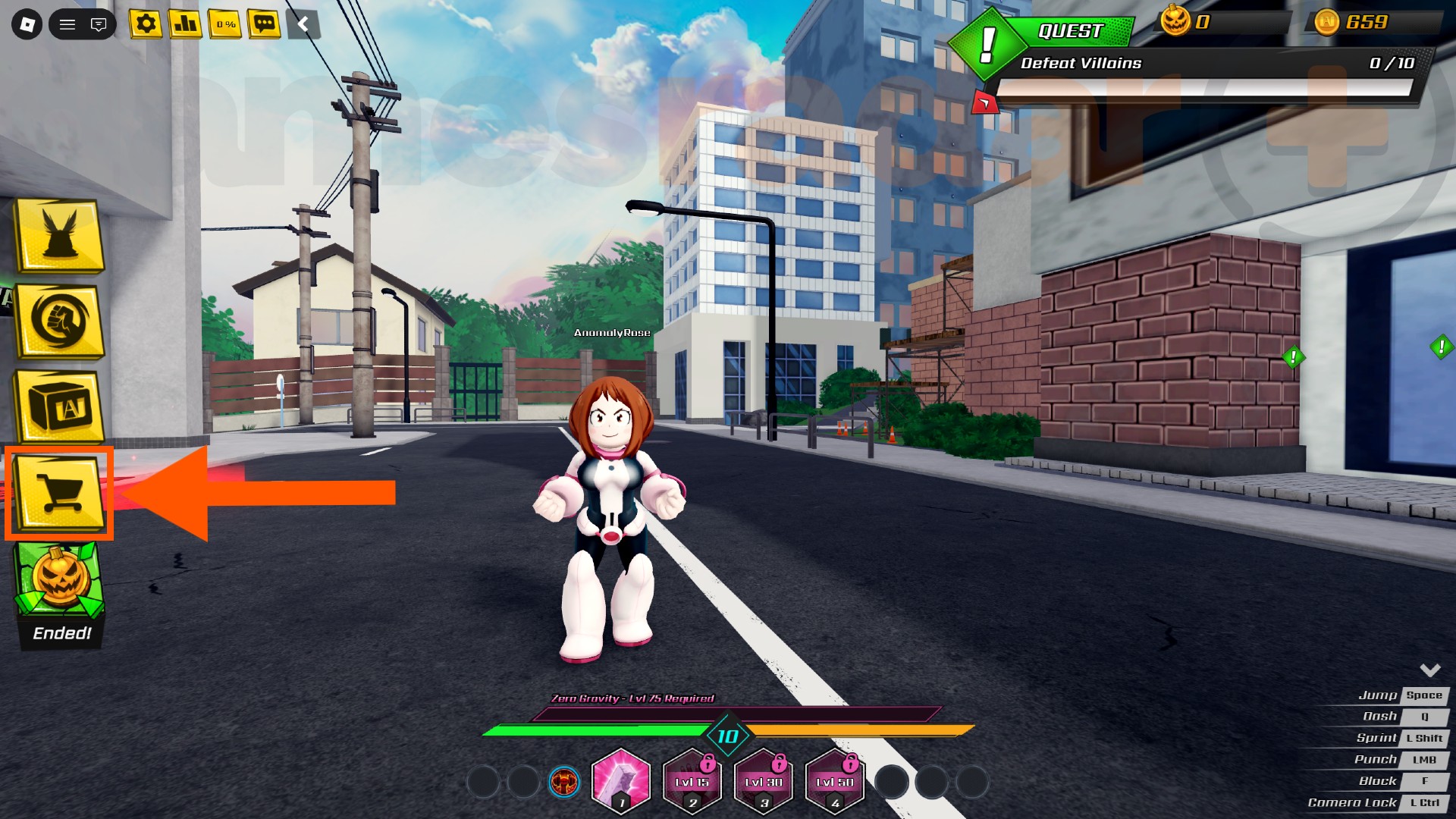 Ururaka stands in the middle of the street as an orange arrow points to the Shop tab where you can redeem My Hero Academia Ultimate codes.