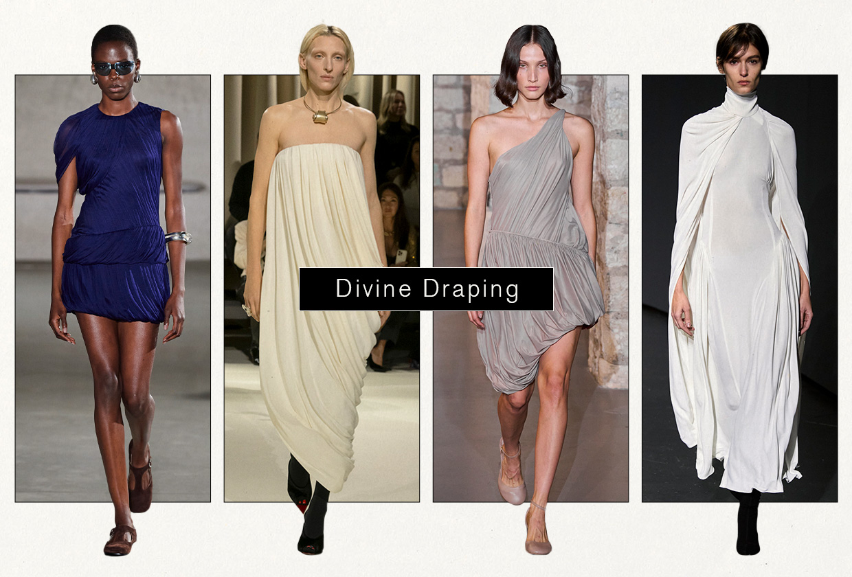 a collage of models wearing draped dresses on the spring and fall 2024 runways