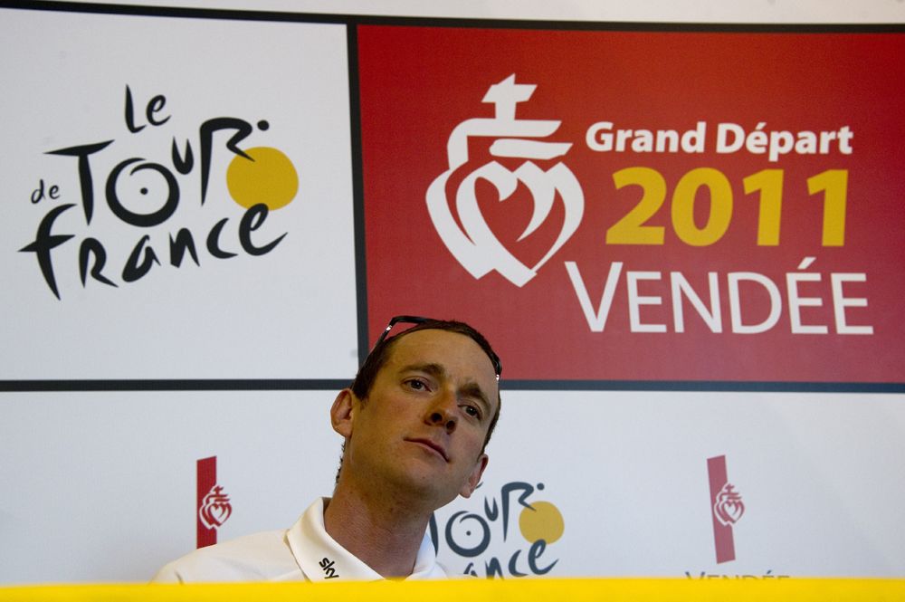 Facing the media at a press conference ahead of the Tour de France in 2011