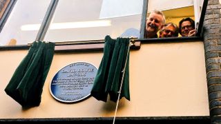 Billy Bragg, George Underwood and Robert Elms with David Bowie's plaque at London's trident Studios